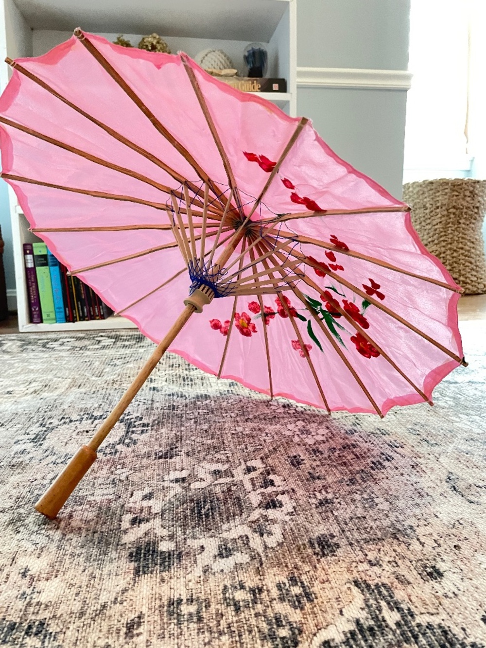 Petite Hand-Painted Pink Decorative Parasol Umbrella – Wood & Floral Design